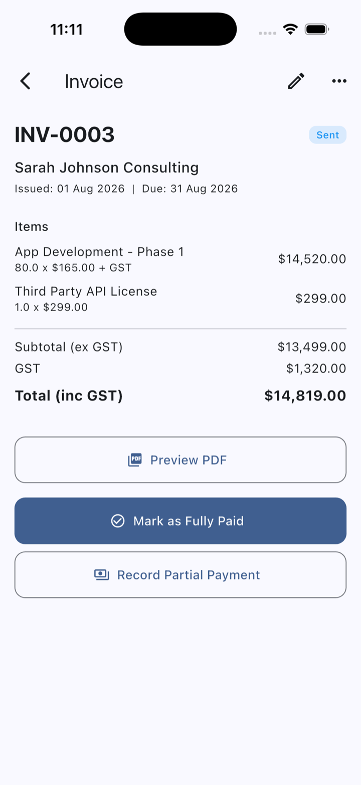An invoice showing line items, GST, amount paid and balance due